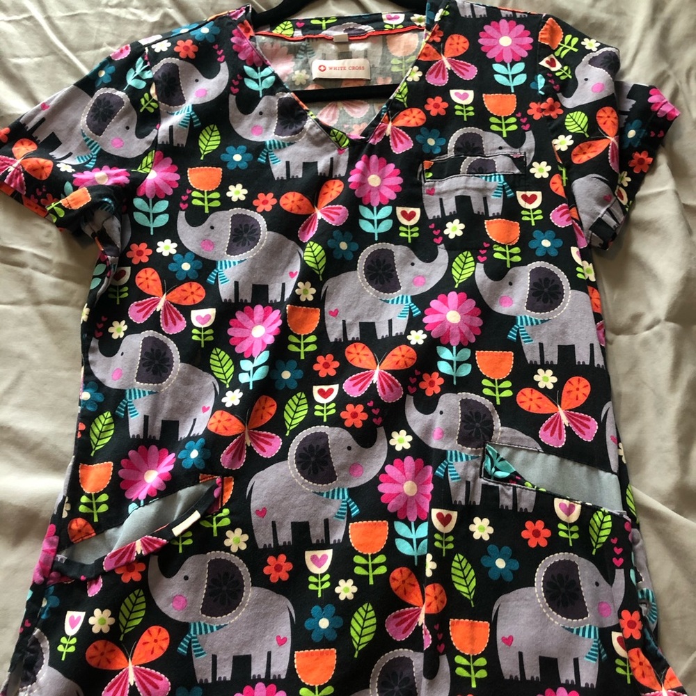 Adorable White Cross Elephant Scrub Top